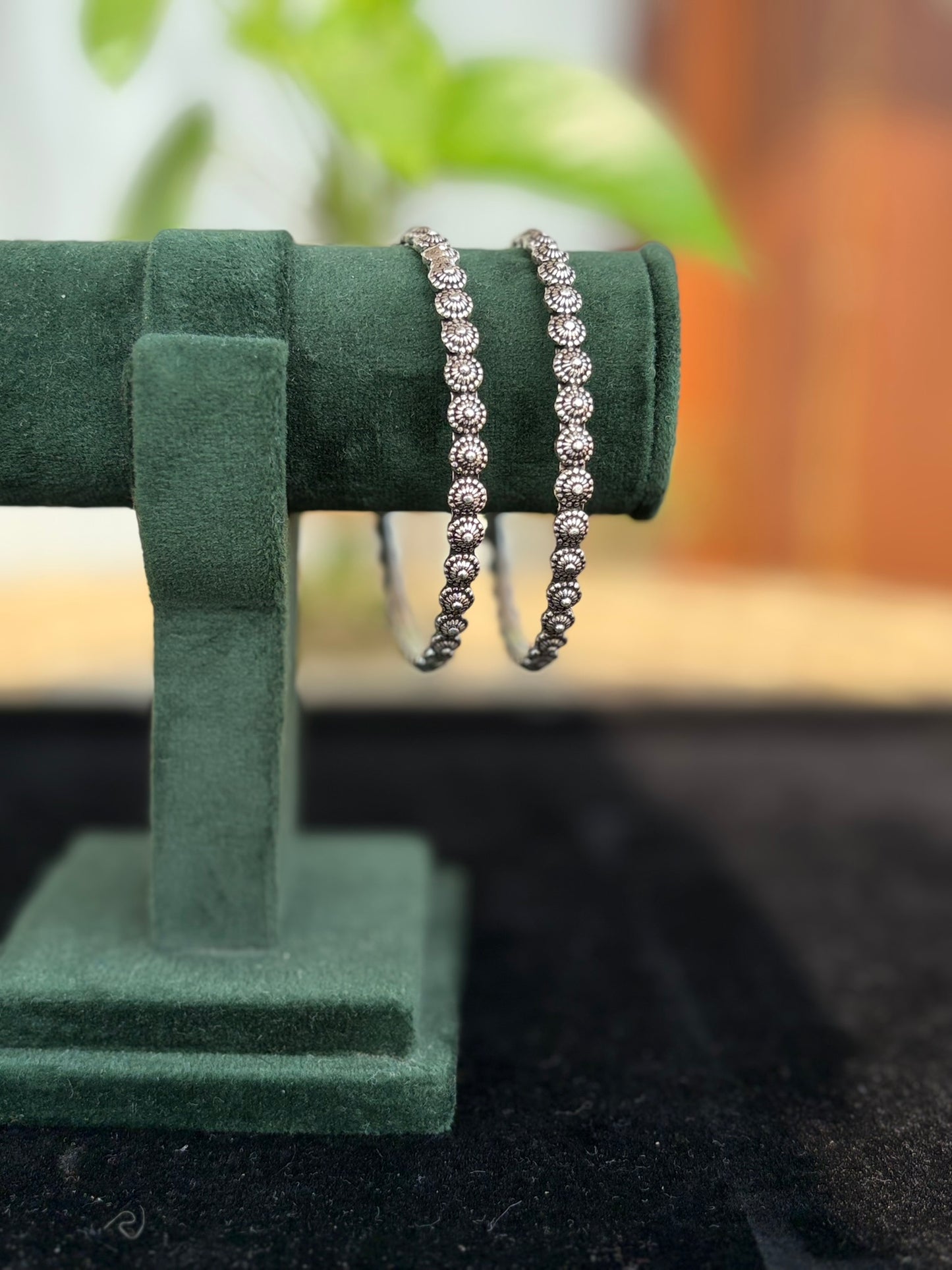 Silver Oxidised Round Motif Patterned Bangles, Kada Set