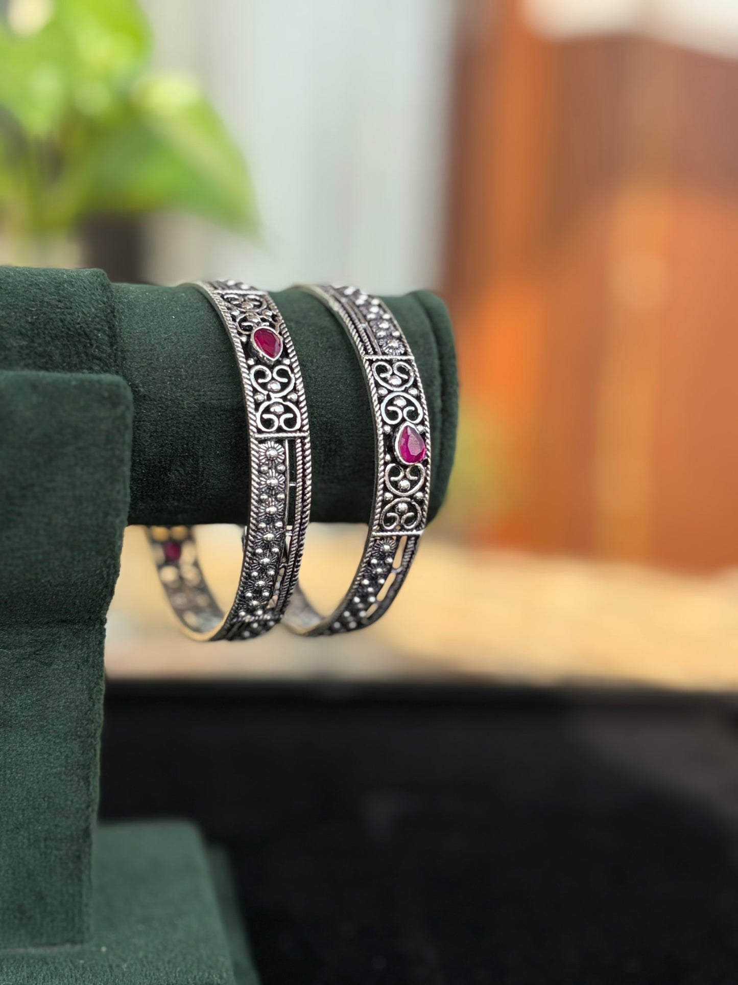 Silver Oxidised Red Stone Bangle, Kada Set