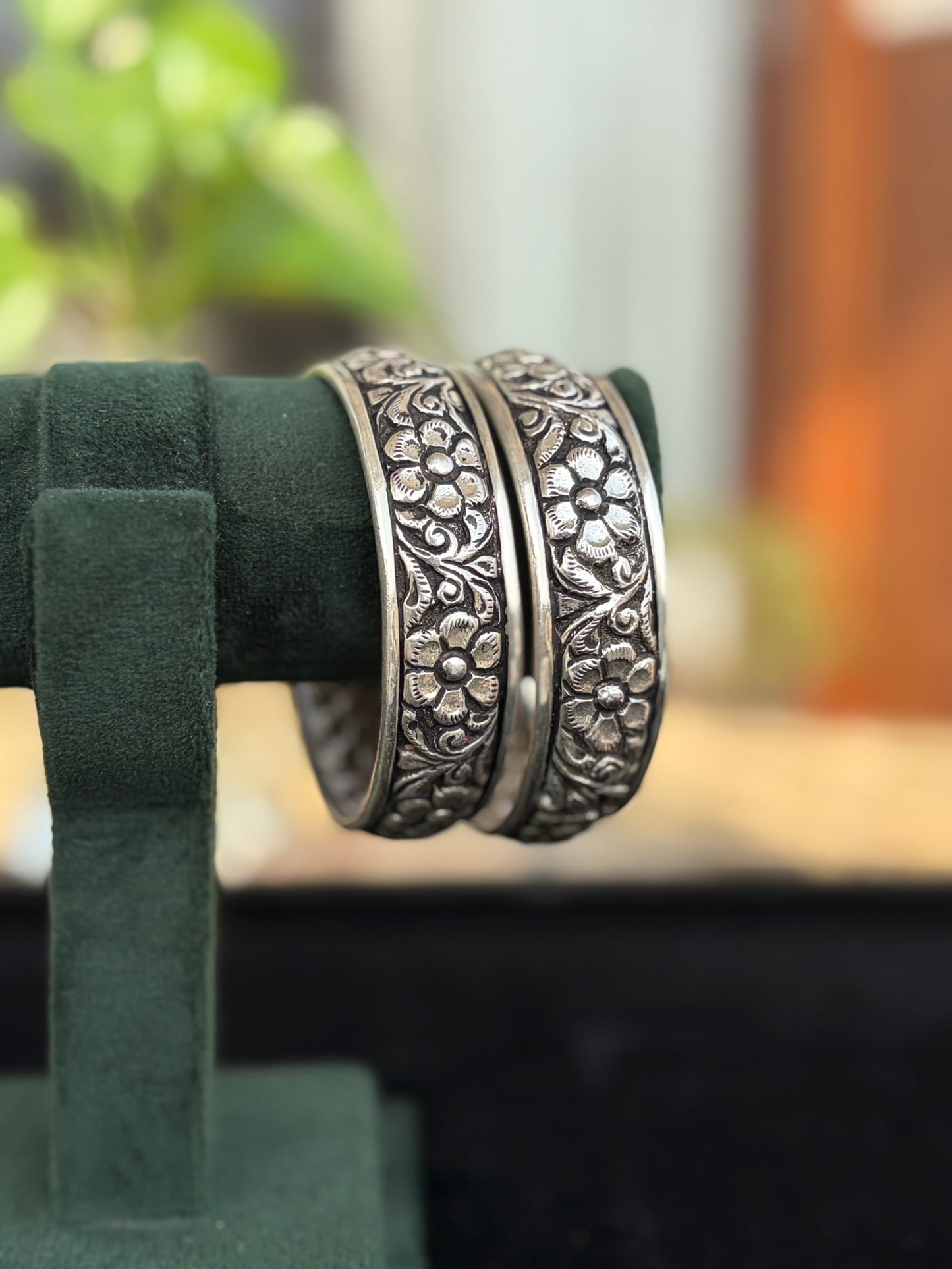 Silver Oxidised Floral Engraved Vintage Style Bangles, Kada Set
