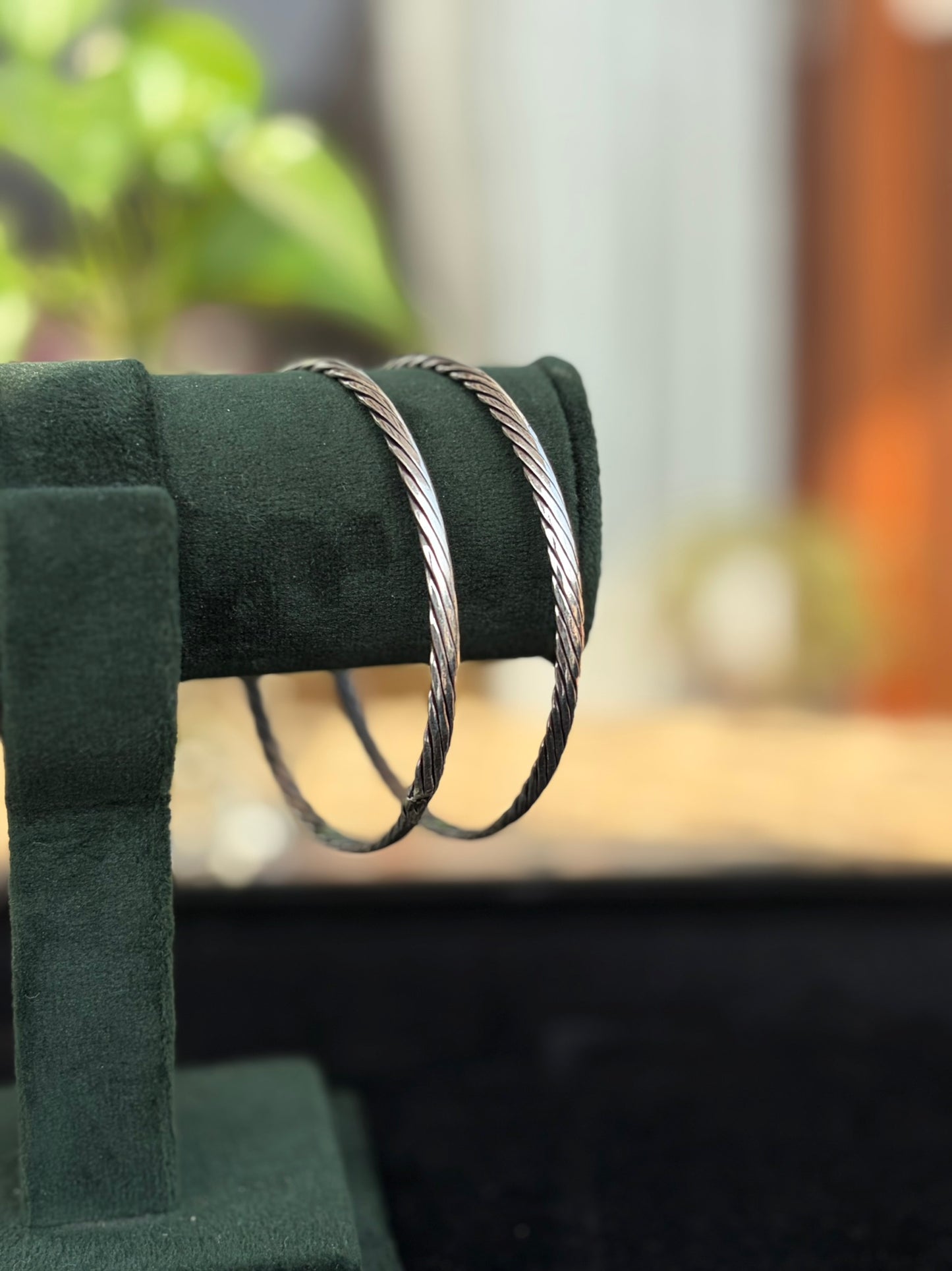 Silver Oxidised Sleek Twisted Bangles, Kada Set
