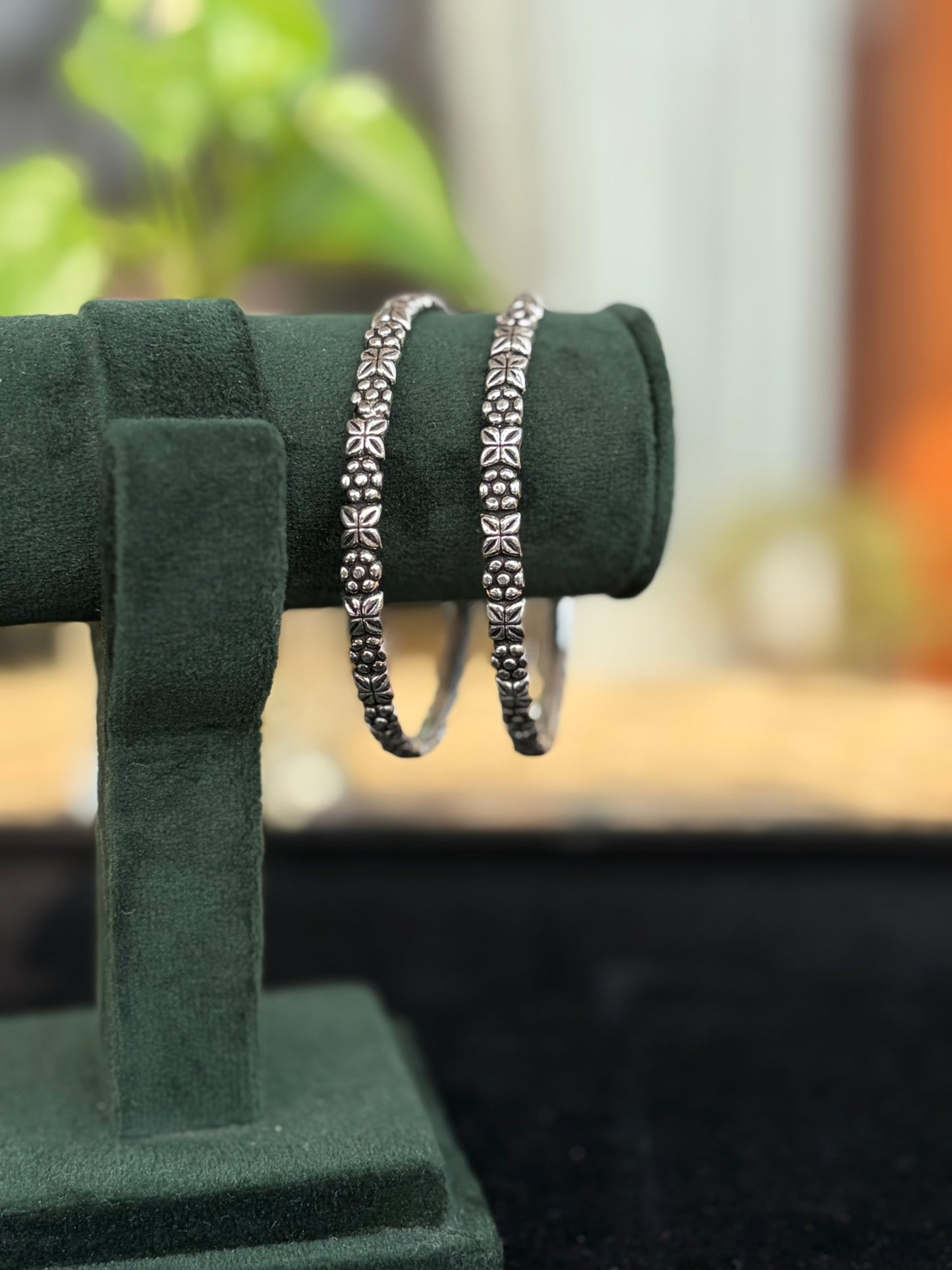 Silver Oxidised Floral Motif Patterned Bangles, Kada Set