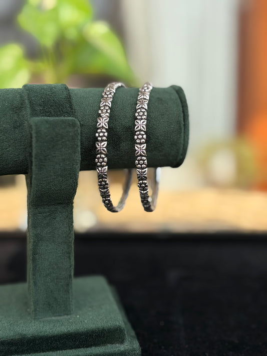 Silver Oxidised Floral Motif Patterned Bangles, Kada Set