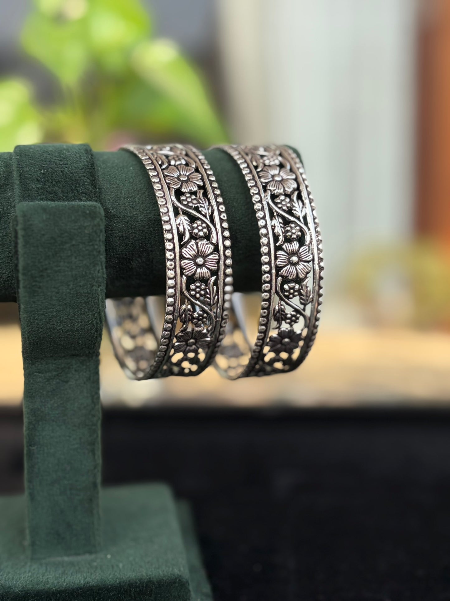Silver Oxidised Floral Cutwork Wide Bangles, Kada Set