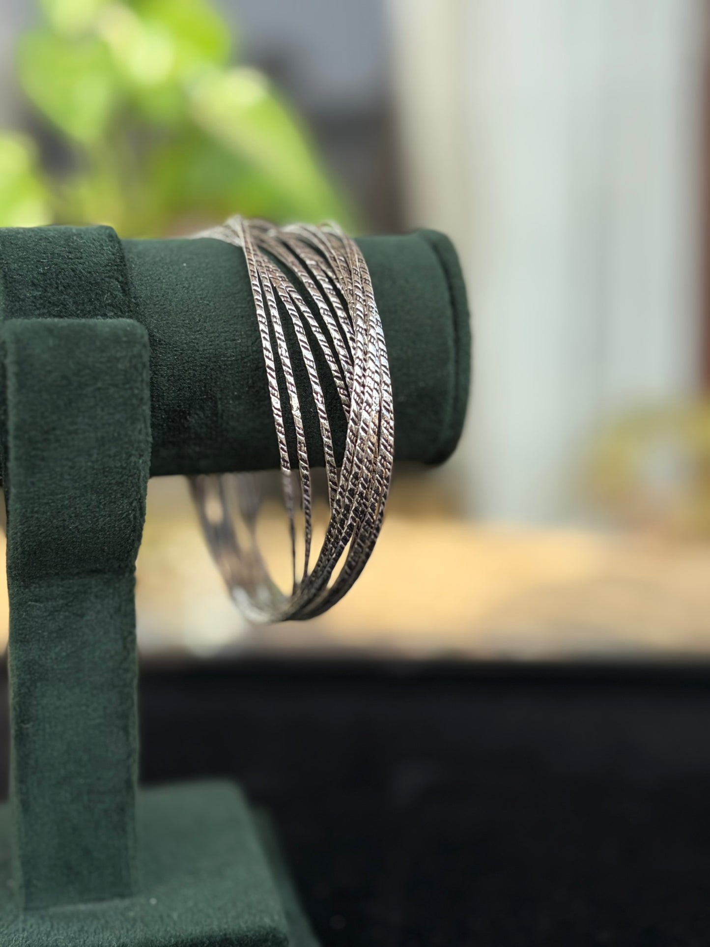 Silver Oxidised Textured Stack Bangles Set
