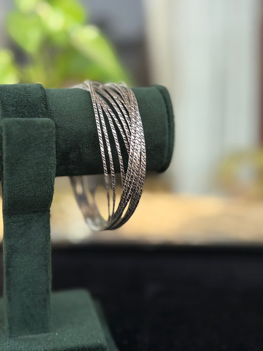 Silver Oxidised Textured Stack Bangles Set