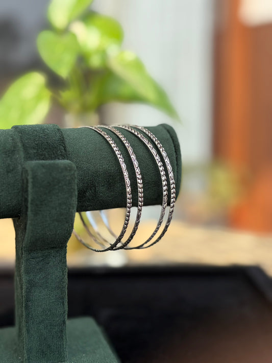 Silver Oxidised Engraved Thin Bangles, Kada Set