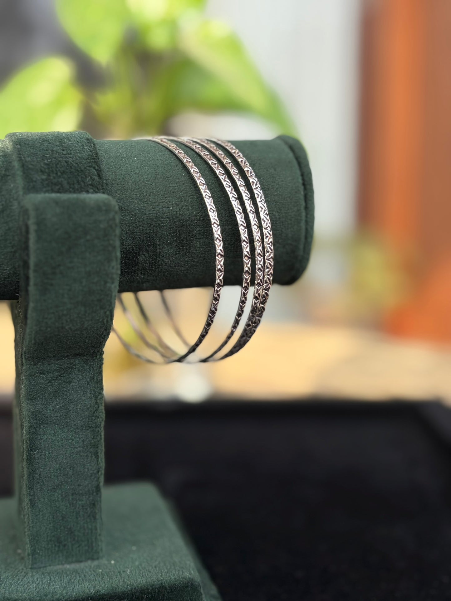 Silver Oxidised Patterned Slim Bangles, Kada Set