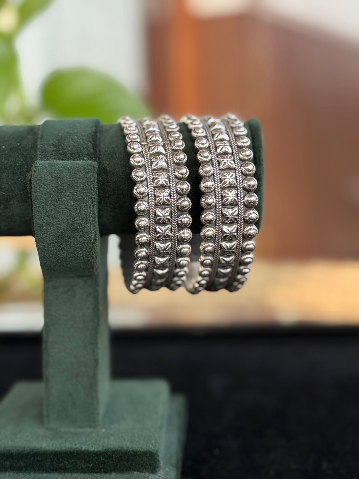 Silver Oxidised Beaded Pattern Bangles, Kada Set