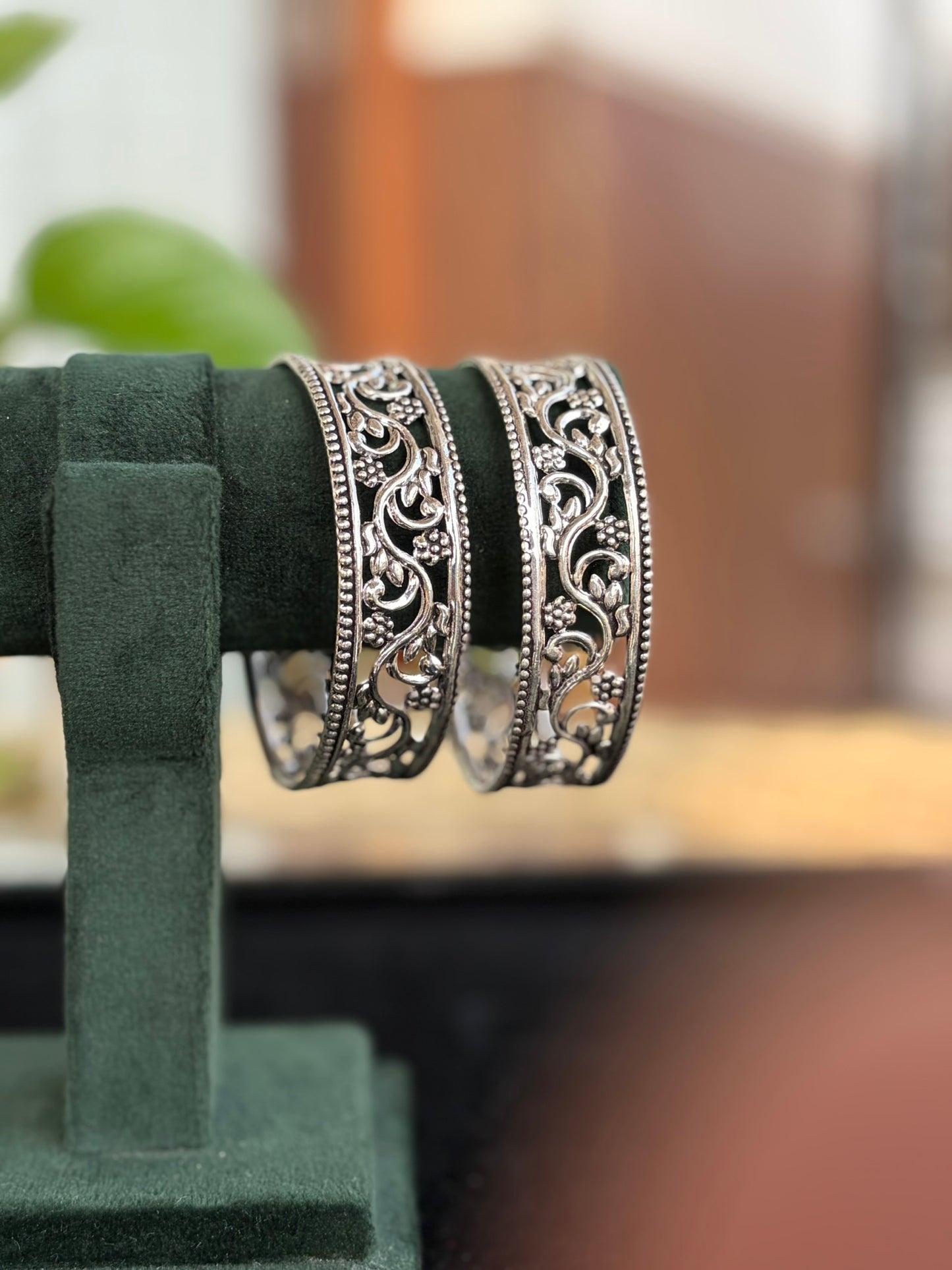 Silver Oxidised Floral Cutwork Vine Design Bangles, Kada Set