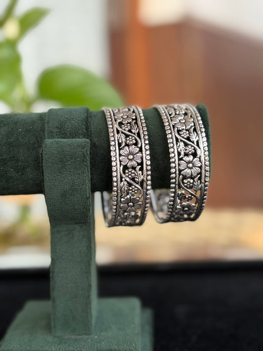 Silver Oxidised Floral Cutwork Design Bangles, Kada Set