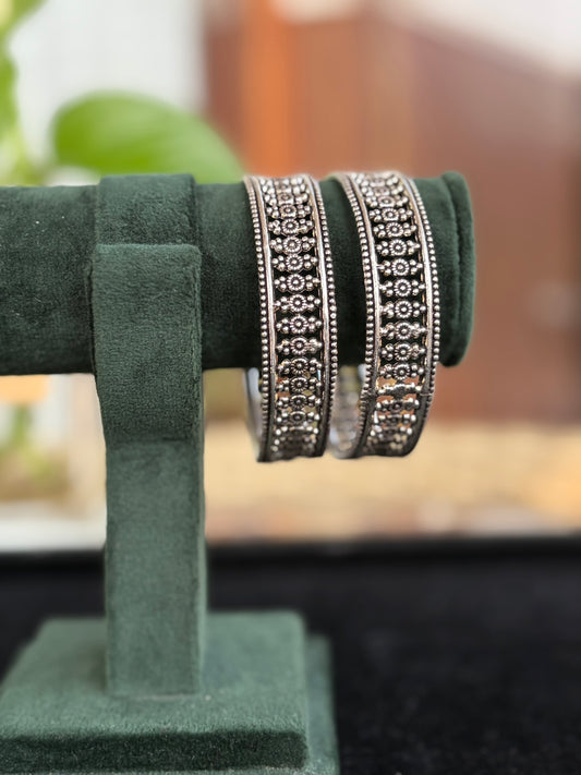 Silver Oxidized Unique Design Cutwork Bangles, Kada Set