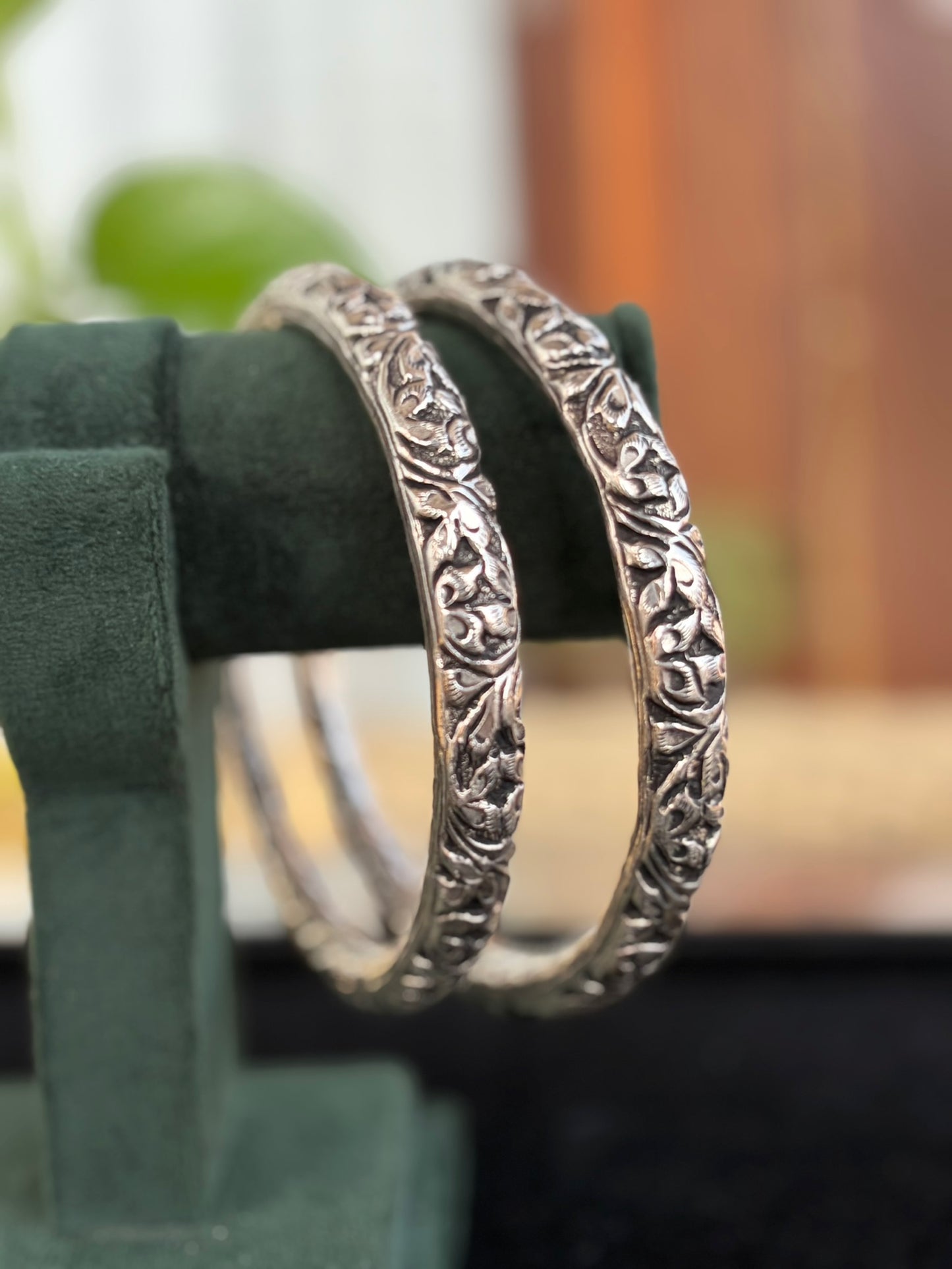 Silver Oxidized Floral Engraved Bangles