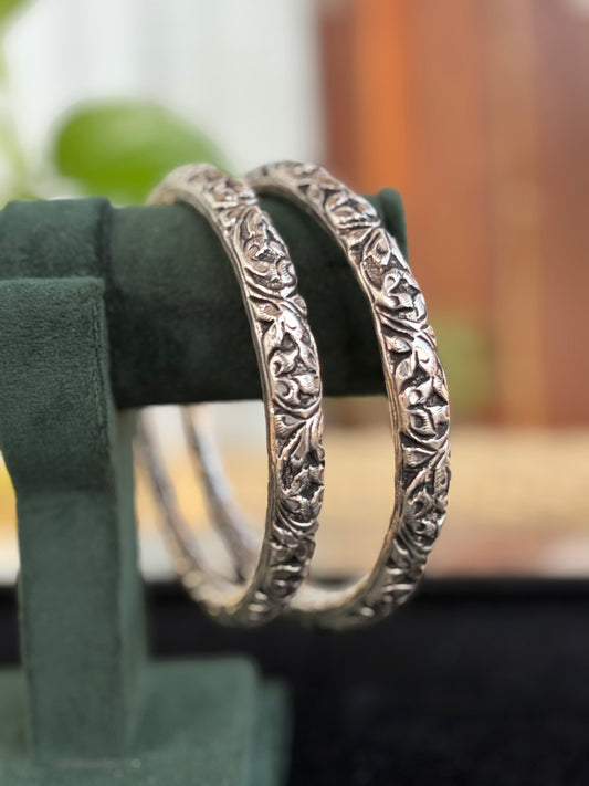 Silver Oxidized Floral Engraved Bangles