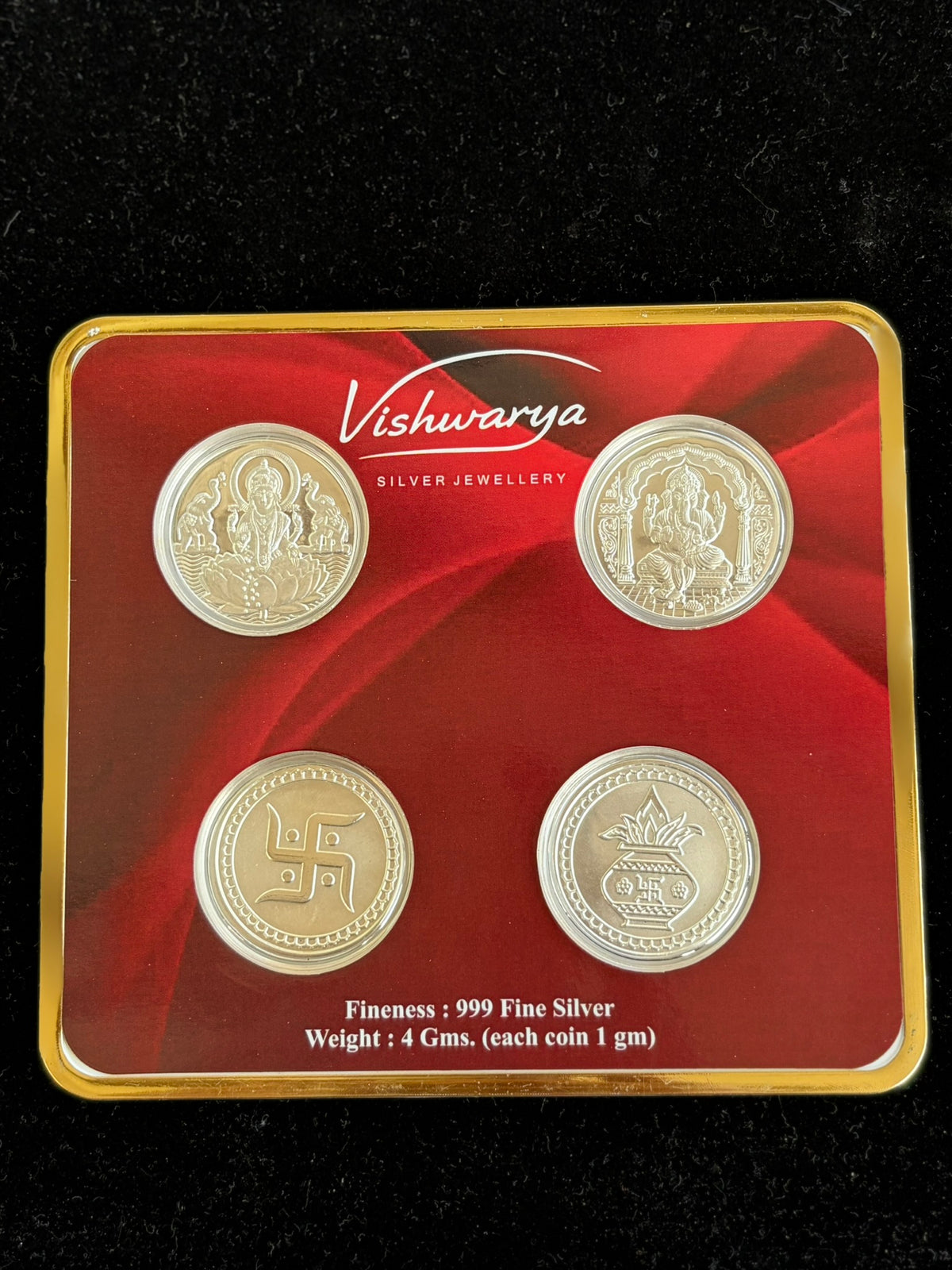 Shagun Coins | 999 Fine silver 4 Coins, Weighing 1 Gram each, Coin Set – Lakshmi, Ganesh, Swastik & Kalash
