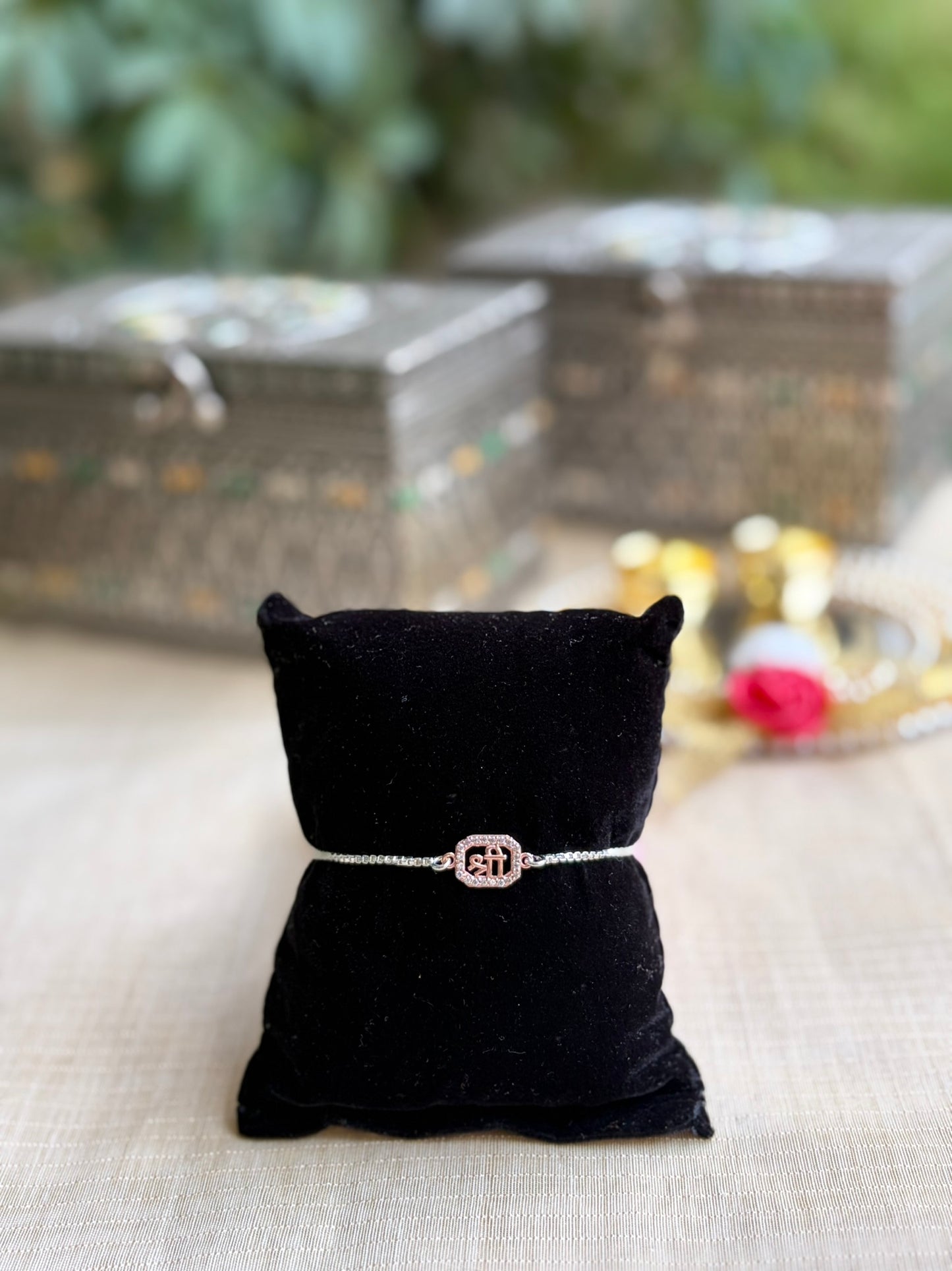 925 Silver Shree ( श्री ) Bracelet Rakhi for Brother with Adjustable Silver Chain