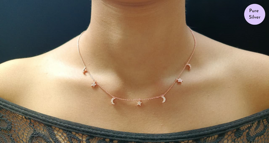 Celestial Charm Necklace in Rose Gold – Moon & Star Edition