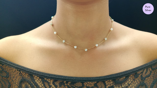Pearl & Zircon Bead Necklace in Gold Plating