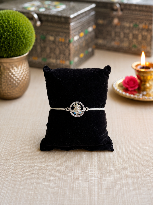925 Silver Auspicious Ganesha ( ᬒᬁ ) Bracelet Rakhi with Blue Enamel and adjustable Silver chain