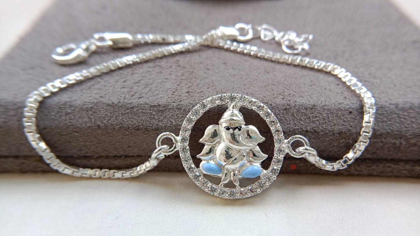925 Silver Auspicious Ganesha ( ᬒᬁ ) Bracelet Rakhi with Blue Enamel and adjustable Silver chain