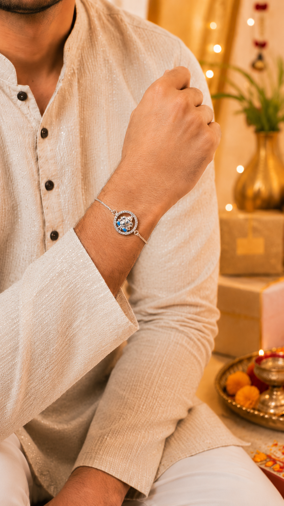 925 Silver Auspicious Ganesha ( ᬒᬁ ) Bracelet Rakhi with Blue Enamel and adjustable Silver chain
