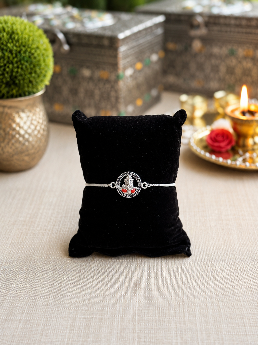 925 Silver Auspicious Ganesha ( ᬒᬁ ) Bracelet Rakhi with Pink Enamel and adjustable Silver chain