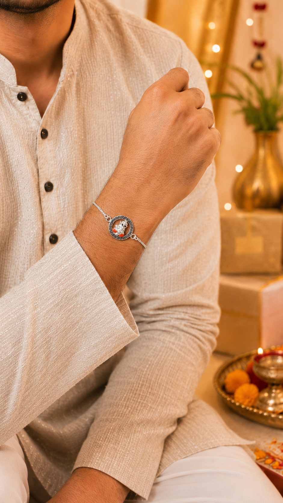 925 Silver Auspicious Ganesha ( ᬒᬁ ) Bracelet Rakhi with Pink Enamel and adjustable Silver chain