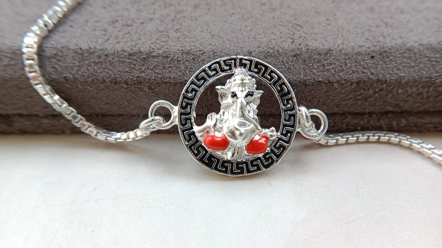 925 Silver Auspicious Ganesha ( ᬒᬁ ) Bracelet Rakhi with Pink Enamel and adjustable Silver chain