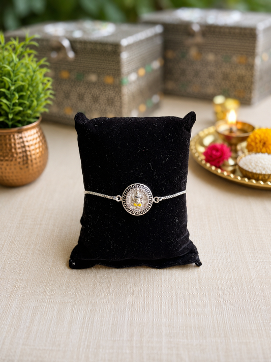 925 Silver Auspicious Vakratunda Ganesha ( ᬒᬁ ) Bracelet Rakhi with Adjustable Silver Chain
