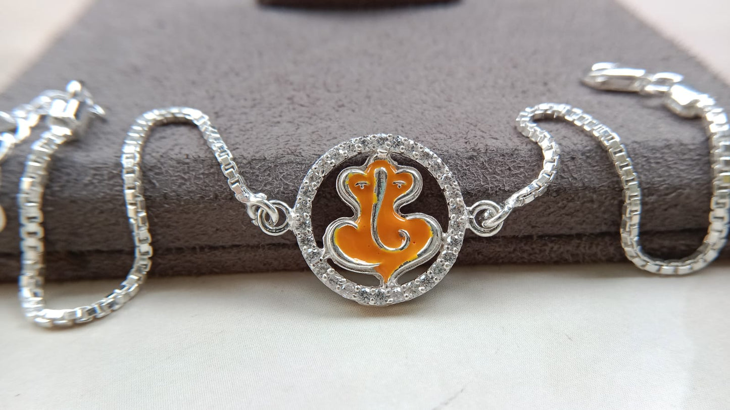 925 Silver Auspicious Ganesha ( ᬒᬁ ) Bracelet Rakhi with Saffron Enamel and adjustable Silver chain