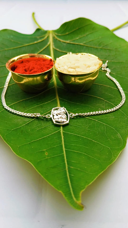 925 Silver Auspicious Ganpati ( ᬒᬁ ) Bracelet Rakhi with Pink Enamel and adjustable Silver chain