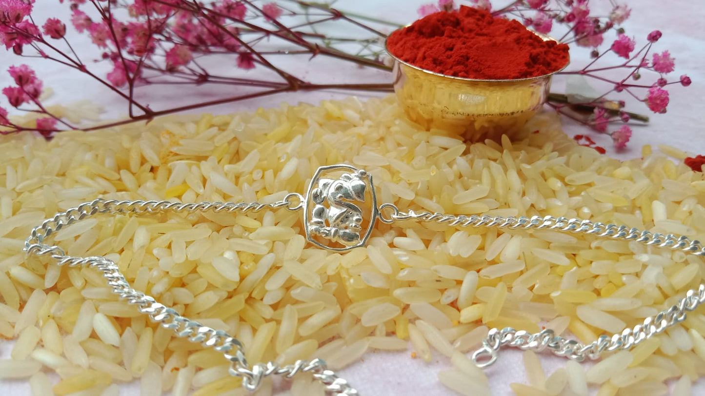 925 Silver Auspicious Ganpati ( ᬒᬁ ) Bracelet Rakhi with Pink Enamel and adjustable Silver chain
