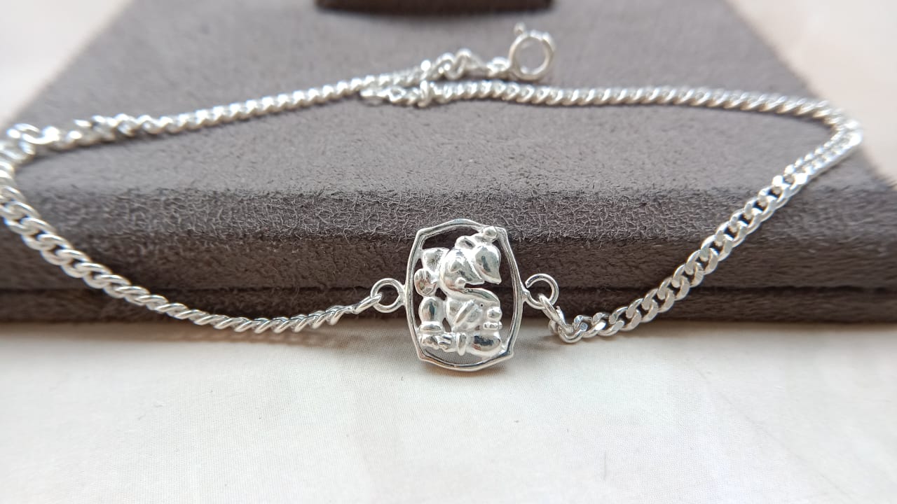 925 Silver Auspicious Ganpati ( ᬒᬁ ) Bracelet Rakhi with Pink Enamel and adjustable Silver chain