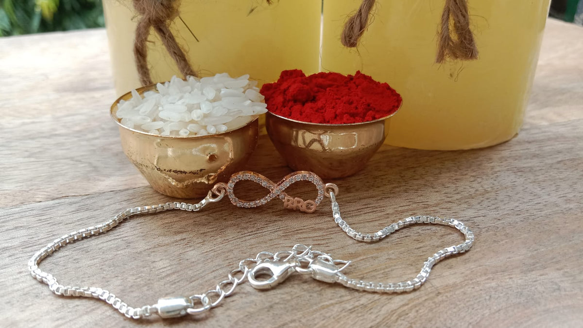 925 Silver Infinity "BRO" Bracelet Rakhi with adjustable Silver chain in Rose Gold Finish
