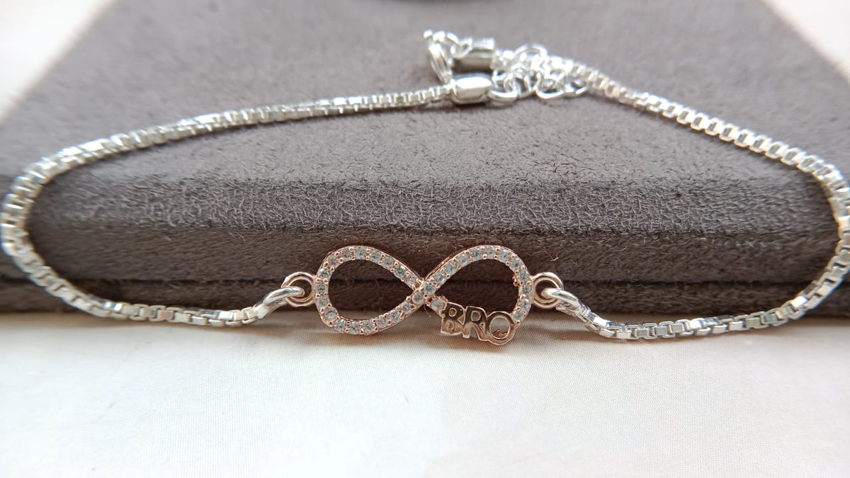 925 Silver Infinity "BRO" Bracelet Rakhi with adjustable Silver chain in Rose Gold Finish