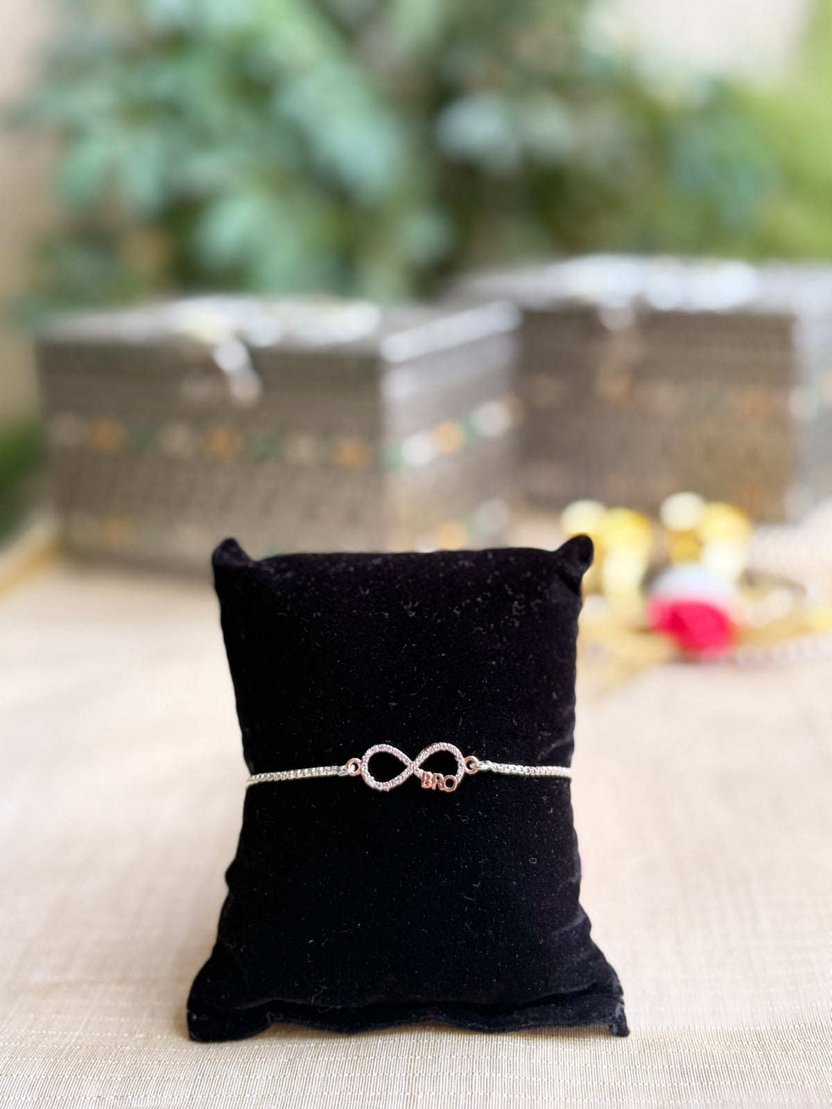 925 Silver Infinity "BRO" Bracelet Rakhi with adjustable Silver chain in Rose Gold Finish