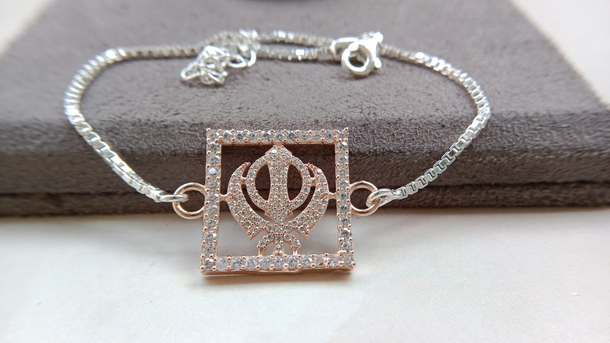 925 Silver Sacred Khanda ( ☬ ) Bracelet Rakhi with Stone-Studded Rose Gold Finish and adjustable Silver chain
