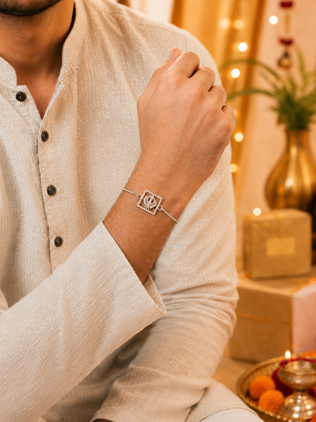 925 Silver Sacred Khanda ( ☬ ) Bracelet Rakhi with Stone-Studded Rose Gold Finish and adjustable Silver chain