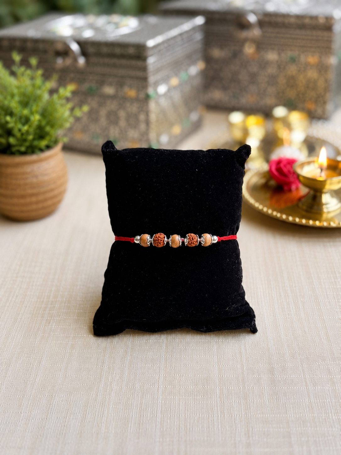 925 Silver Sacred Rudraksha (📿ૐ ) Rakhi with Red Thread