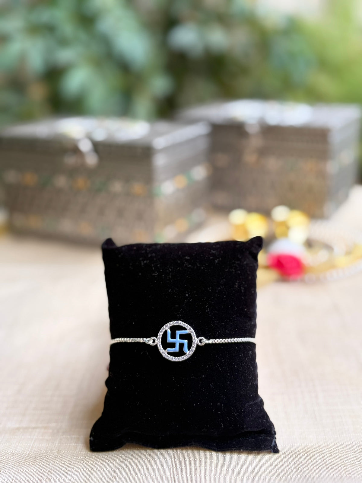 925 Silver Auspicious Swastik (卐) Bracelet Rakhi with Blue Enamel and adjustable Silver chain