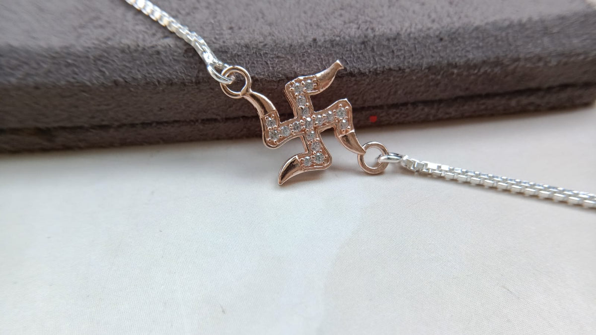 925 Silver Auspicious Swastik (卐) Bracelet Rakhi with Rose Gold Finish with Adjustable Silver Chain