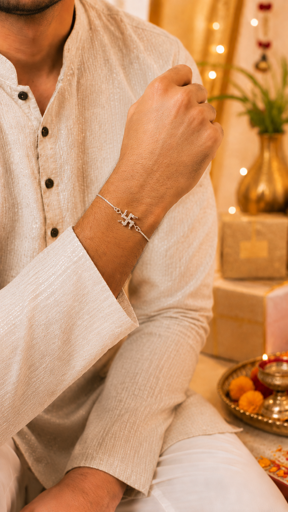 925 Silver Auspicious Swastik (卐) Bracelet Rakhi with Rose Gold Finish with Adjustable Silver Chain