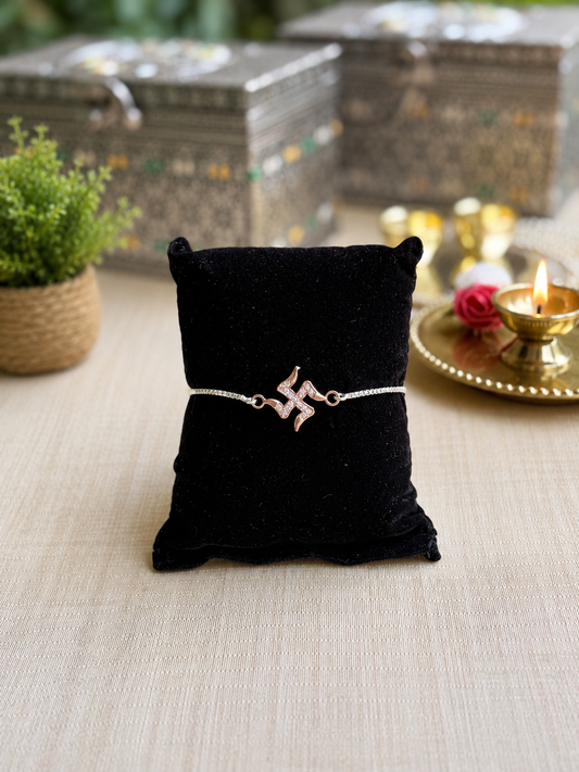 925 Silver Auspicious Swastik (卐) Bracelet Rakhi with Rose Gold Finish with Adjustable Silver Chain