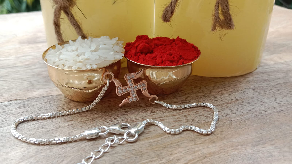 925 Silver Auspicious Swastik (卐) Bracelet Rakhi with Rose Gold Finish with Adjustable Silver Chain