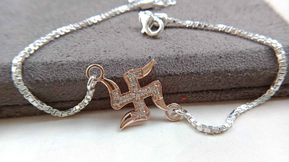 925 Silver Auspicious Swastik (卐) Bracelet Rakhi with Rose Gold Finish with Adjustable Silver Chain