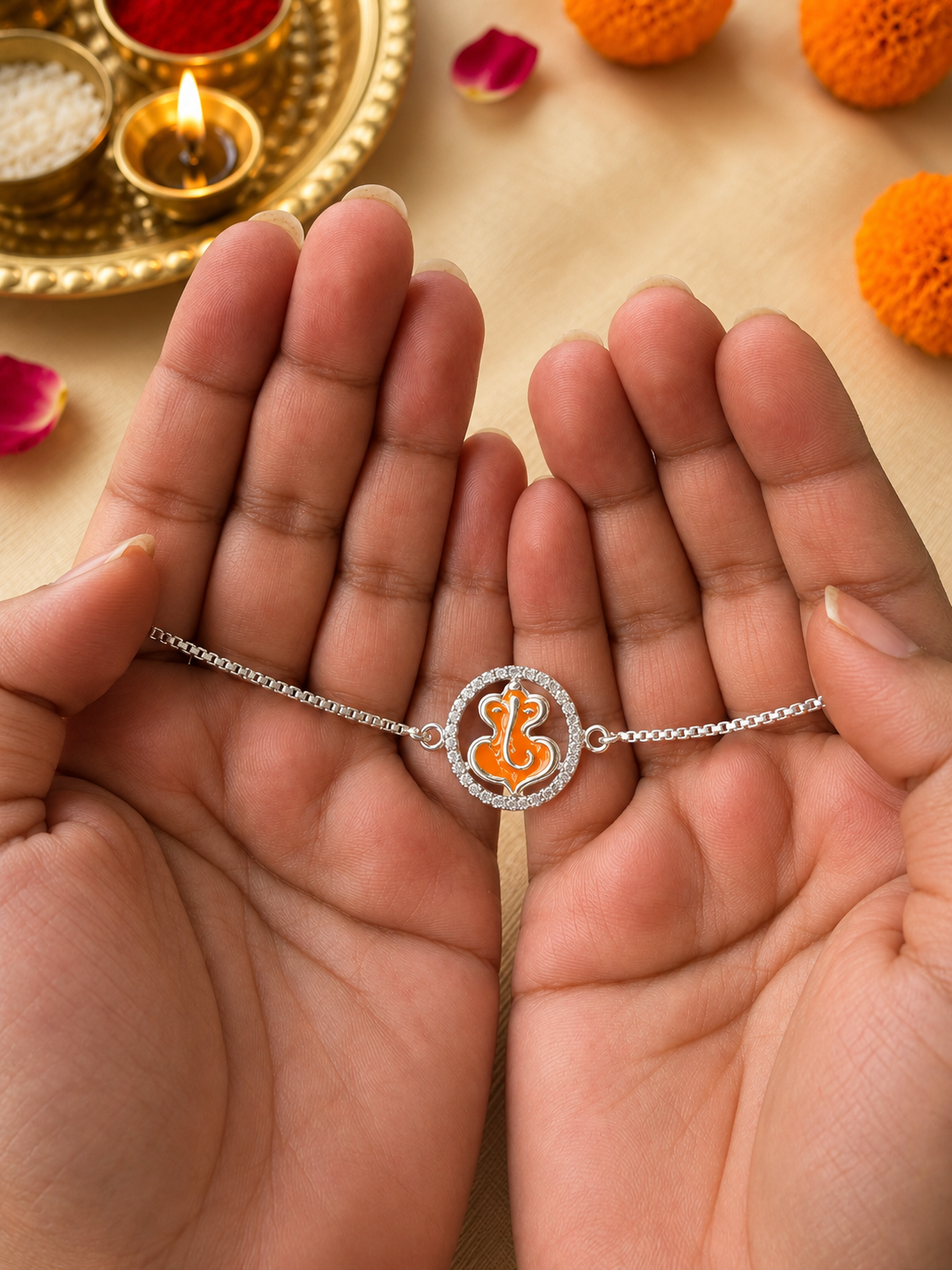925 Silver Auspicious Ganesha ( ᬒᬁ ) Bracelet Rakhi with Saffron Enamel and adjustable Silver chain