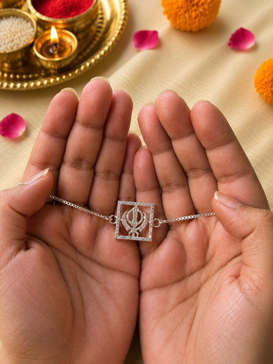 925 Silver Sacred Khanda ( ☬ ) Bracelet Rakhi with Stone-Studded Rose Gold Finish and adjustable Silver chain