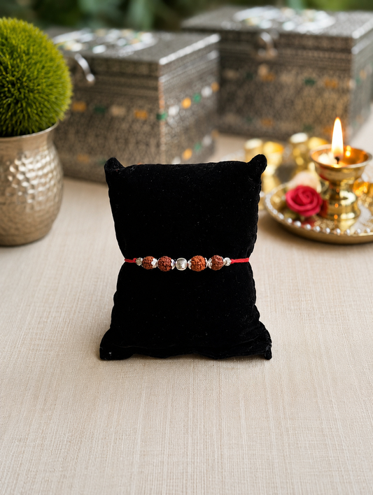 925 Silver Sacred Rudraksha (📿ૐ ) Rakhi with Red Thread