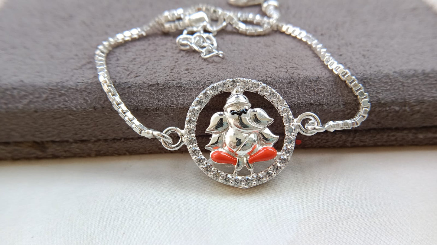 925 Silver Auspicious Ganesha ( ᬒᬁ ) Bracelet Rakhi with Blue Enamel and adjustable Silver chain