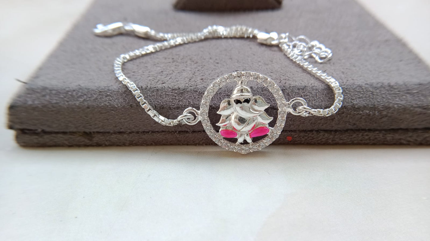 925 Silver Auspicious Ganesha ( ᬒᬁ ) Bracelet Rakhi with Blue Enamel and adjustable Silver chain