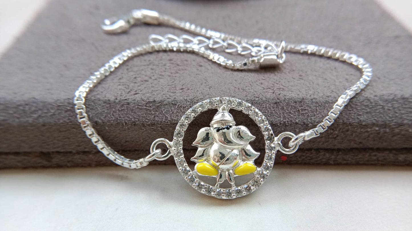 925 Silver Auspicious Ganesha ( ᬒᬁ ) Bracelet Rakhi with Blue Enamel and adjustable Silver chain